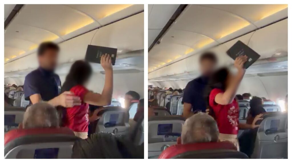 comissários de bordo após iniciar uma pregação em um avião da Latam Airlines que