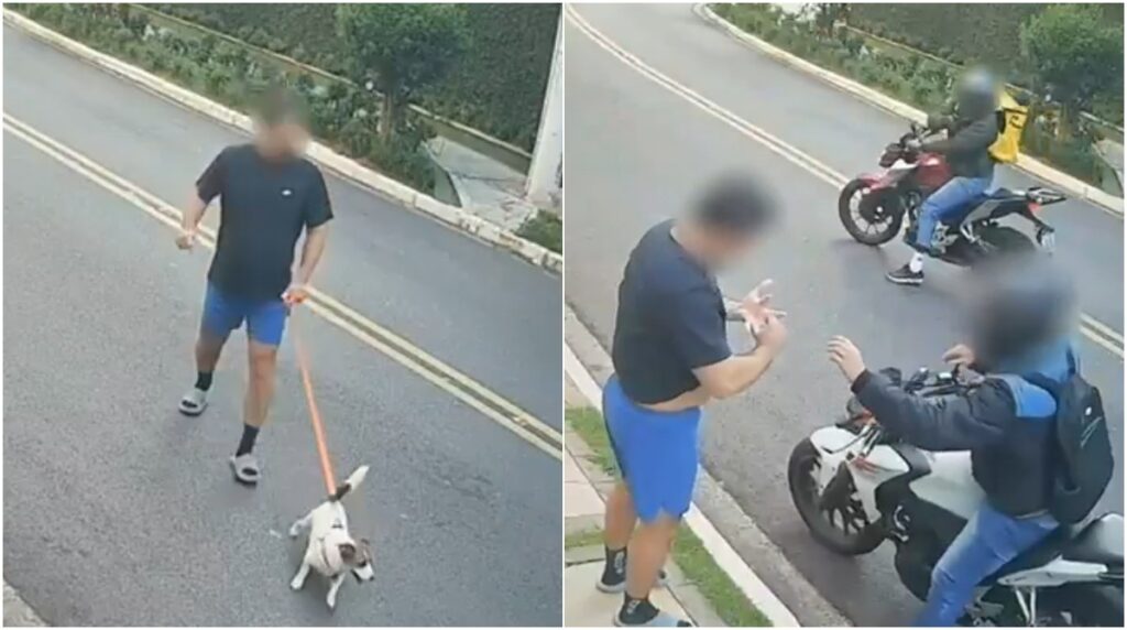 dois homens em motocicletas. Um dos criminosos anunciou o assalto e exigiu a ali
