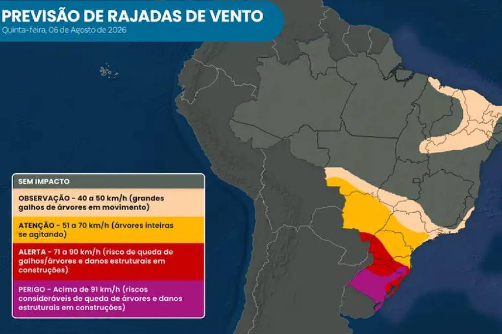 Rajadas de vento e chuva isolada atingem São Paulo e Sul do Brasil nesta quinta-feira