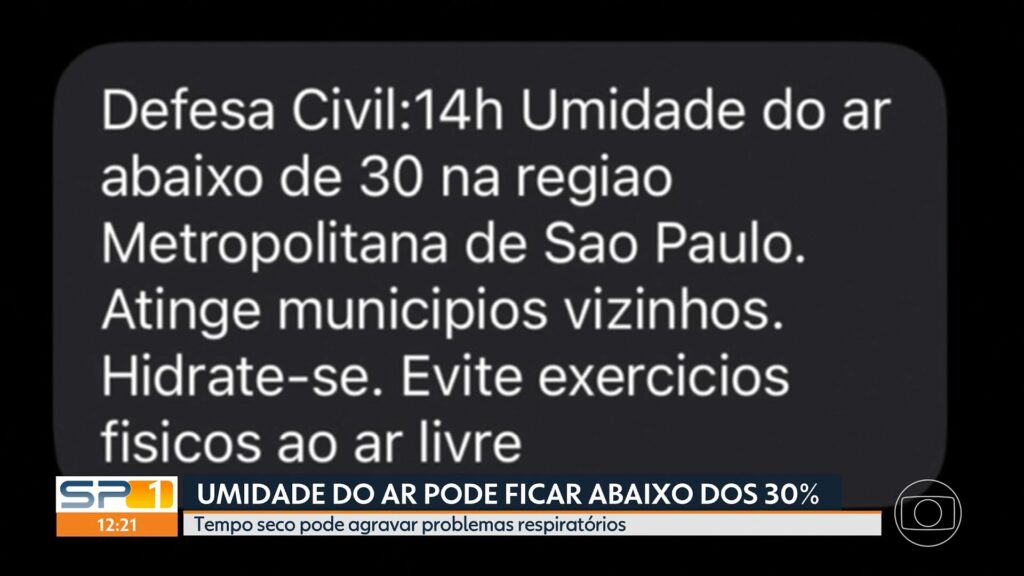 Umidade do ar despenca na Grande São Paulo e Defesa Civil emite alerta de saúde