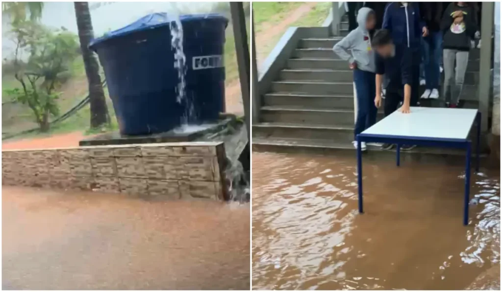 Alunos improvisam ponte com mesas após alagamento em escola estadual de Cotia