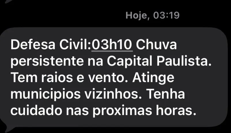 Defesa Civil emite alerta para chuva persistente e ventos na capital paulista