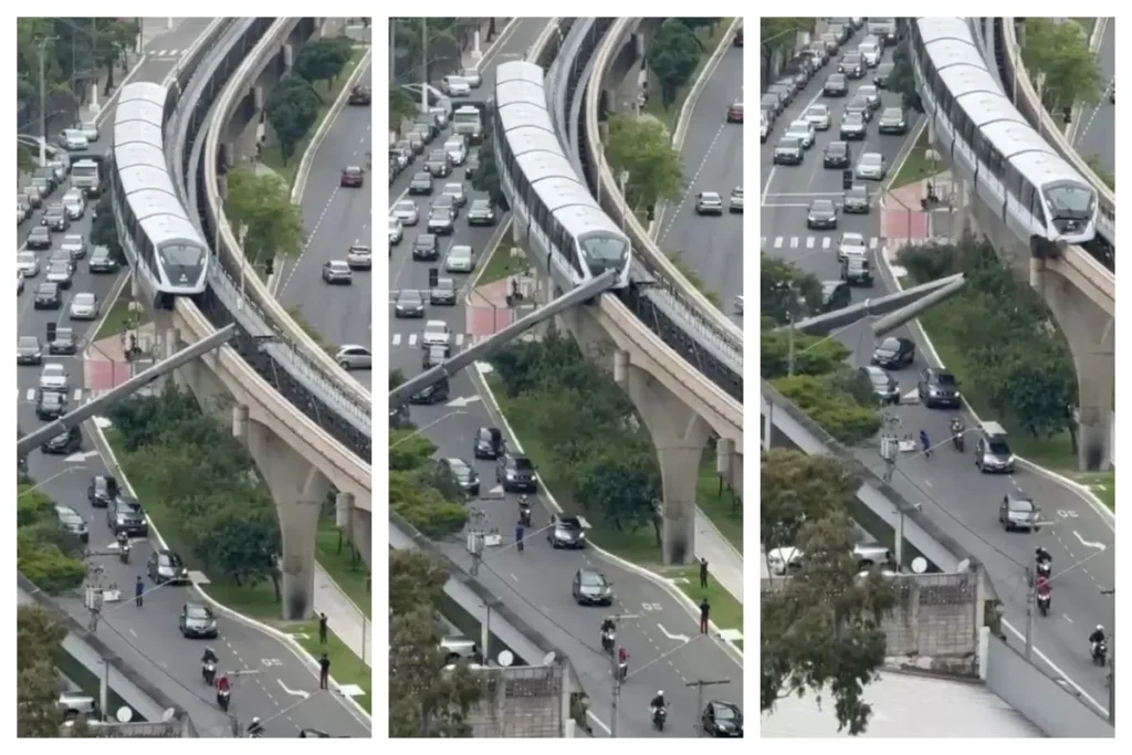 Pedestre e motociclista escapam por segundos de queda de guindaste atingido por monotrilho