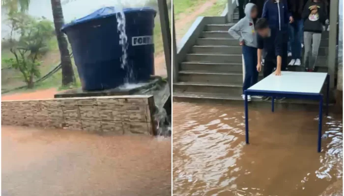 Alunos improvisam ponte com mesas após alagamento em escola estadual de Cotia