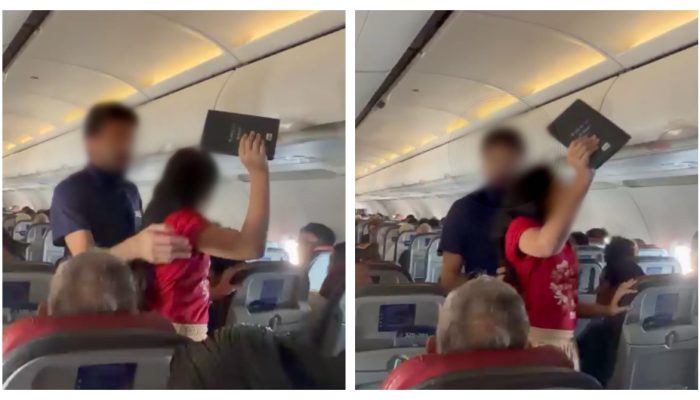 comissários de bordo após iniciar uma pregação em um avião da Latam Airlines que