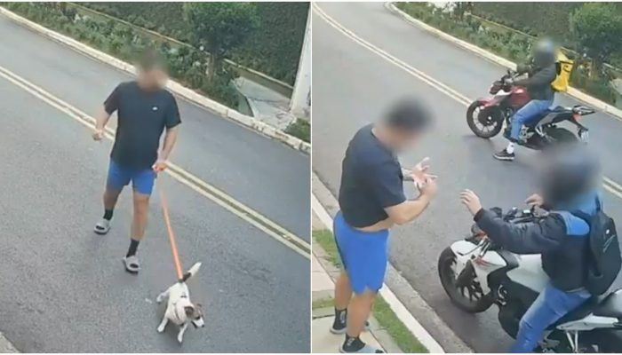 dois homens em motocicletas. Um dos criminosos anunciou o assalto e exigiu a ali