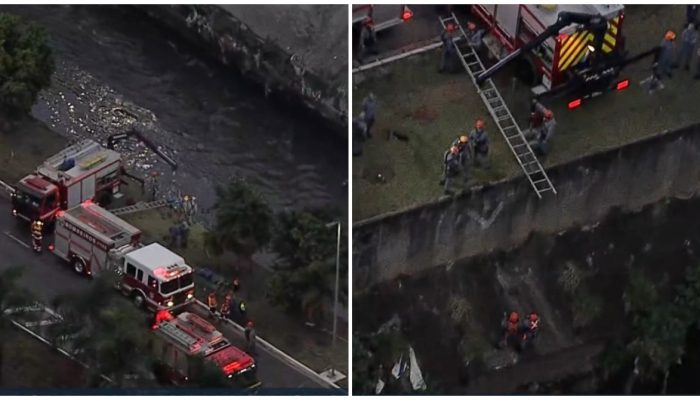Três carros batem e um deles cai e fica submerso no Rio Tamanduateí Reprodução/TV Globo