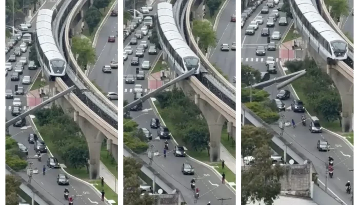 Pedestre e motociclista escapam por segundos de queda de guindaste atingido por monotrilho